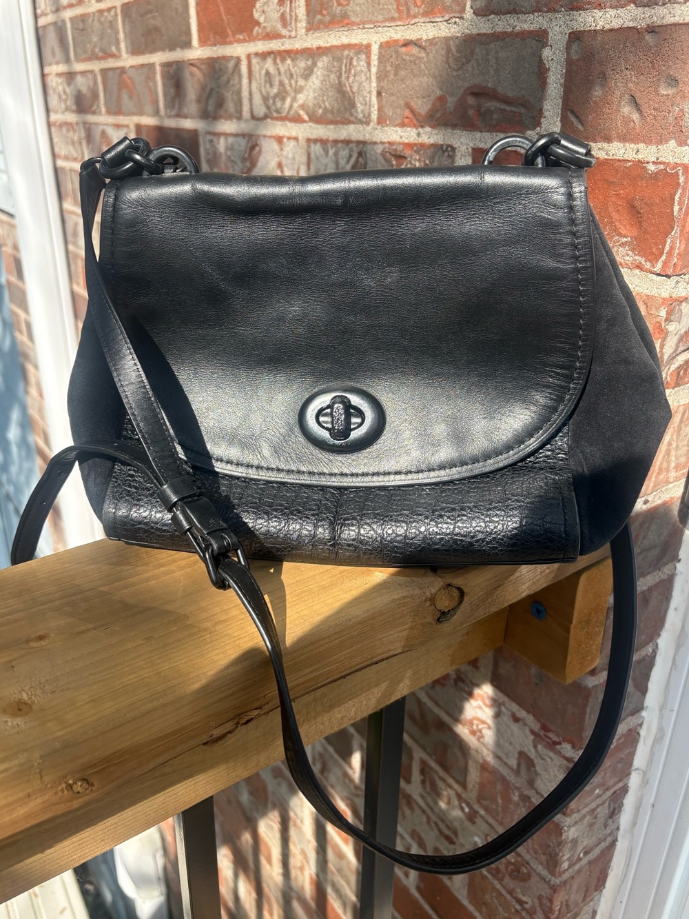 COACH Faye Black Refined Calf leather buffalo embossed leather & suede satchel